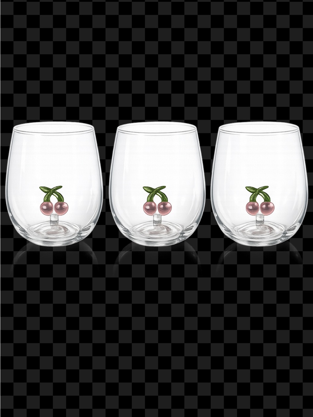 Anthropologie 3 Stemless Cherry Accent Wine Glasses - Clear with Pink Cherries